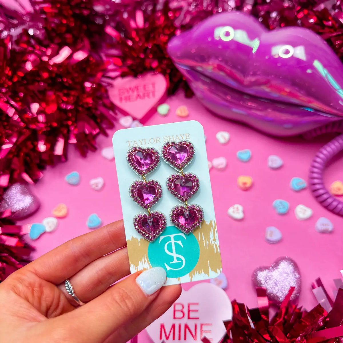 Taylor Shaye Rosaline triple beaded hearts hot pink