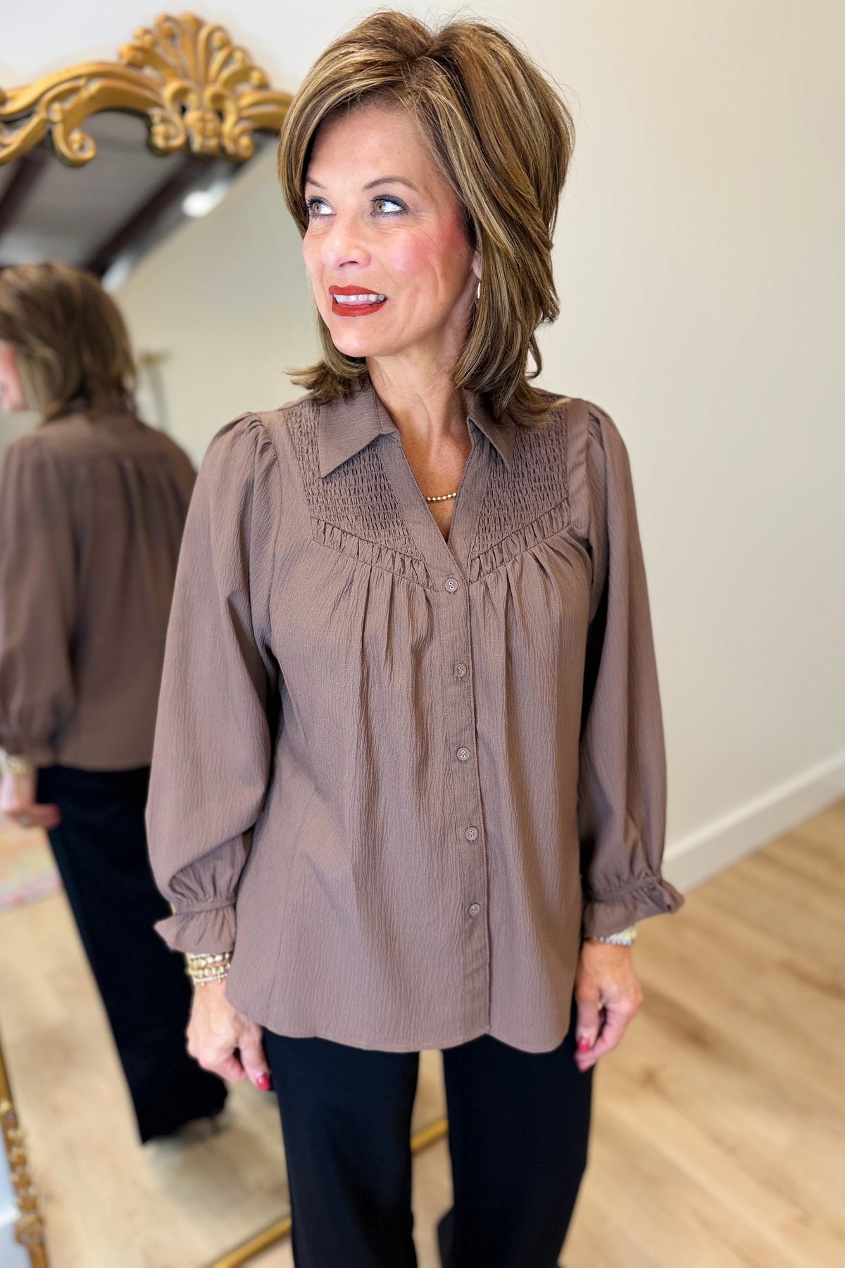 Umgee Wide Open Collar Top Mocha