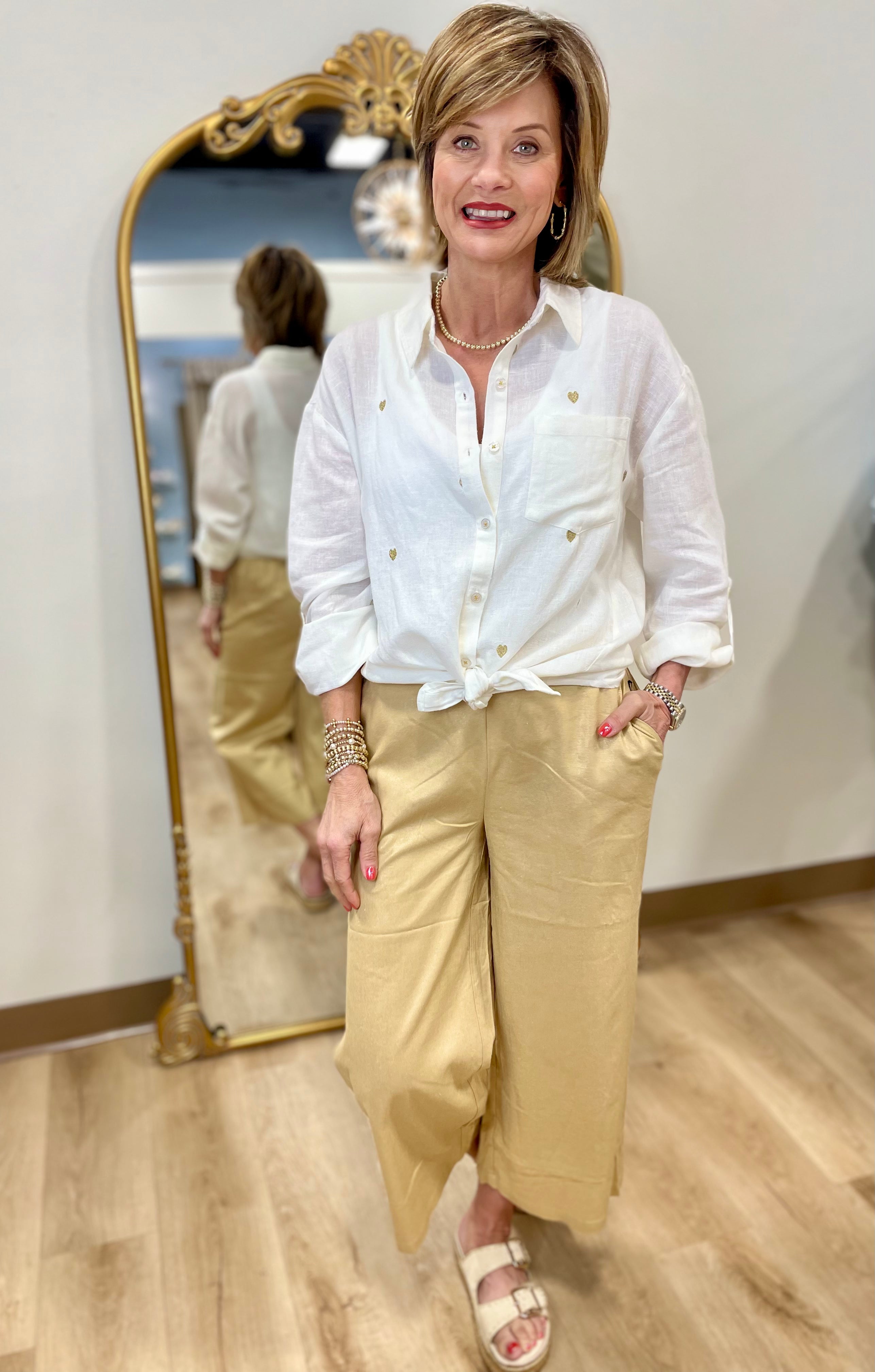 Charlie B Embroidered Shirttail Hem Top Gold