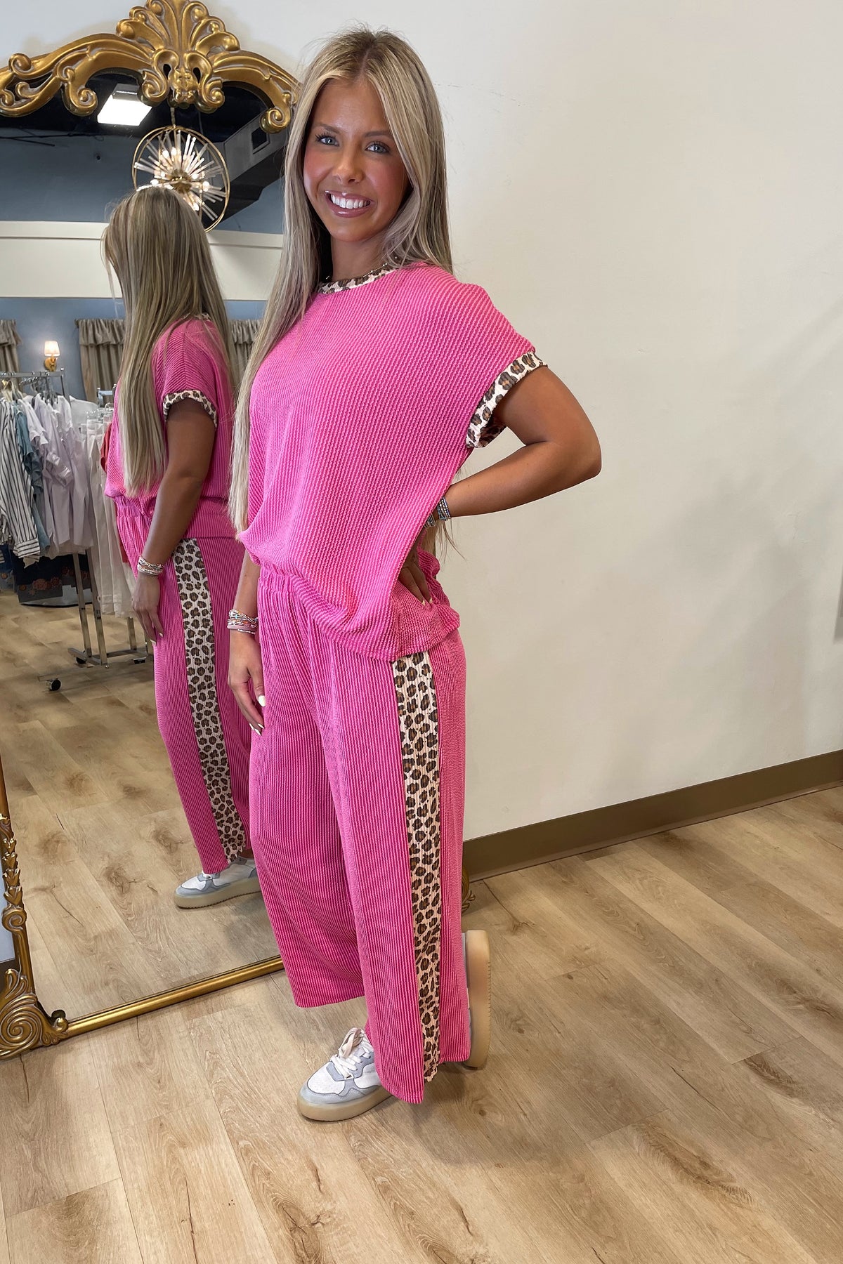 Roar in Ribbed Pant Set Fuchsia Leopard