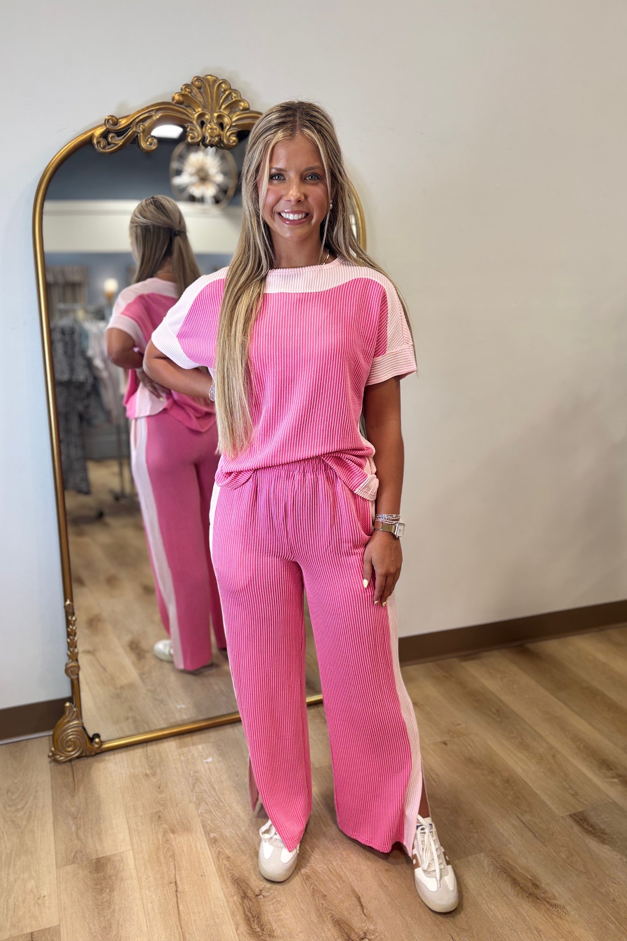 Repeat Ribbed Pant Set Pink