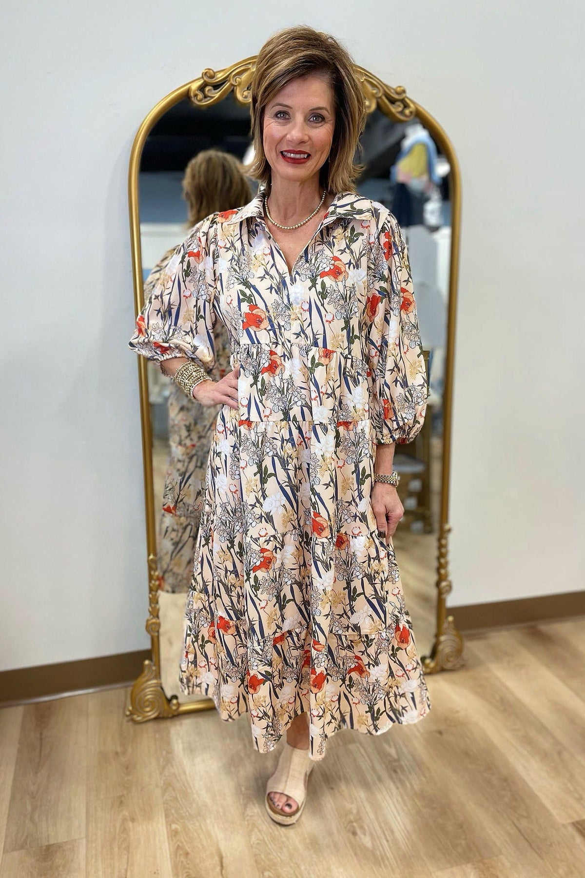 Umgee Floral Print Midi Dress Tan