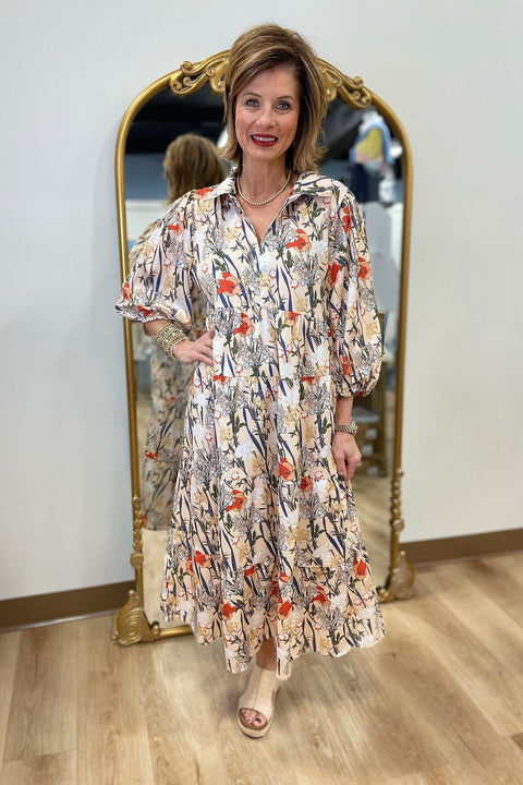 Umgee Floral Print Midi Dress Tan