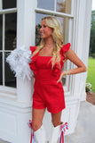 Huddle Up Stretch Denim Romper Red