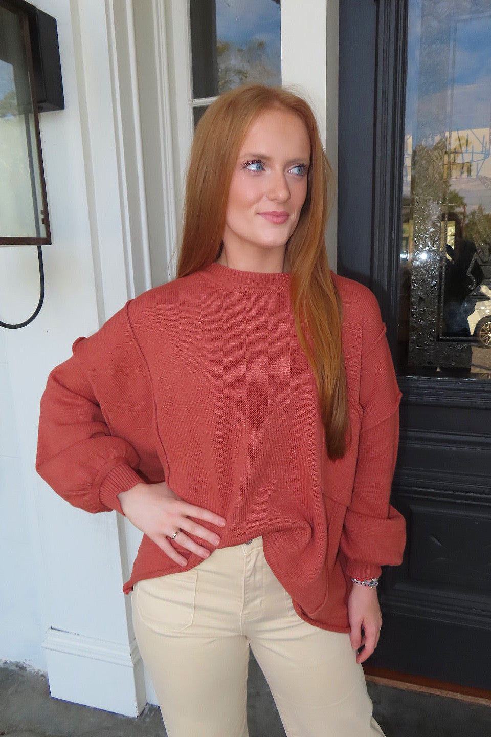 Unbe-leaf-able Oversized Front Pocket Sweater Top Rust