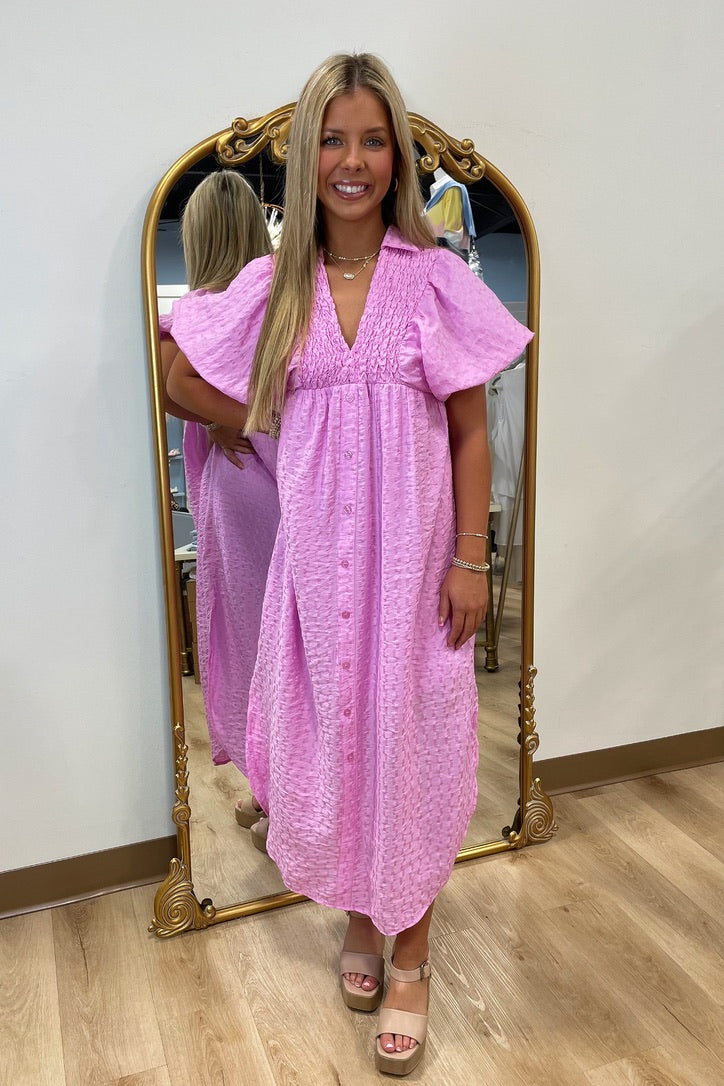 Easter Bloom Puff Sleeve Dress Pink