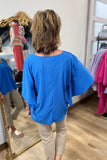 Kacy Kimono Sleeve V Neck Textured Top Blue