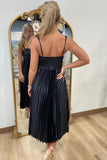 Enchanting Evening Satin Pleated Midi Dress Black