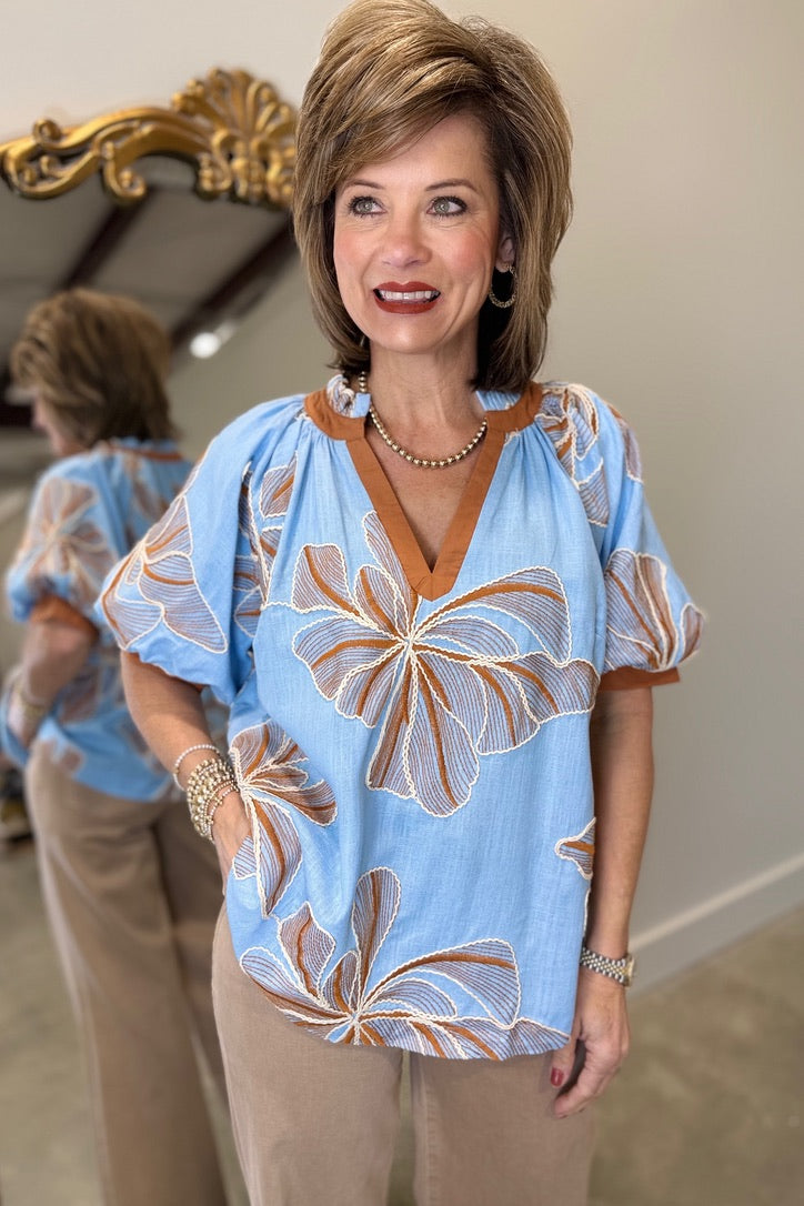 Umgee Floral Burst Blouse Blue