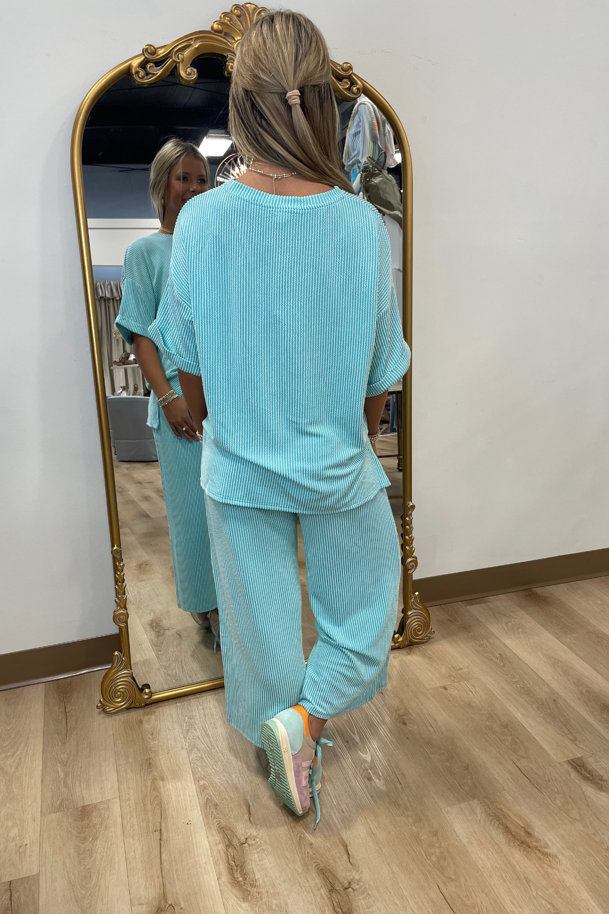 Off Duty Cutie 2 Piece Ribbed Pant Set Mint