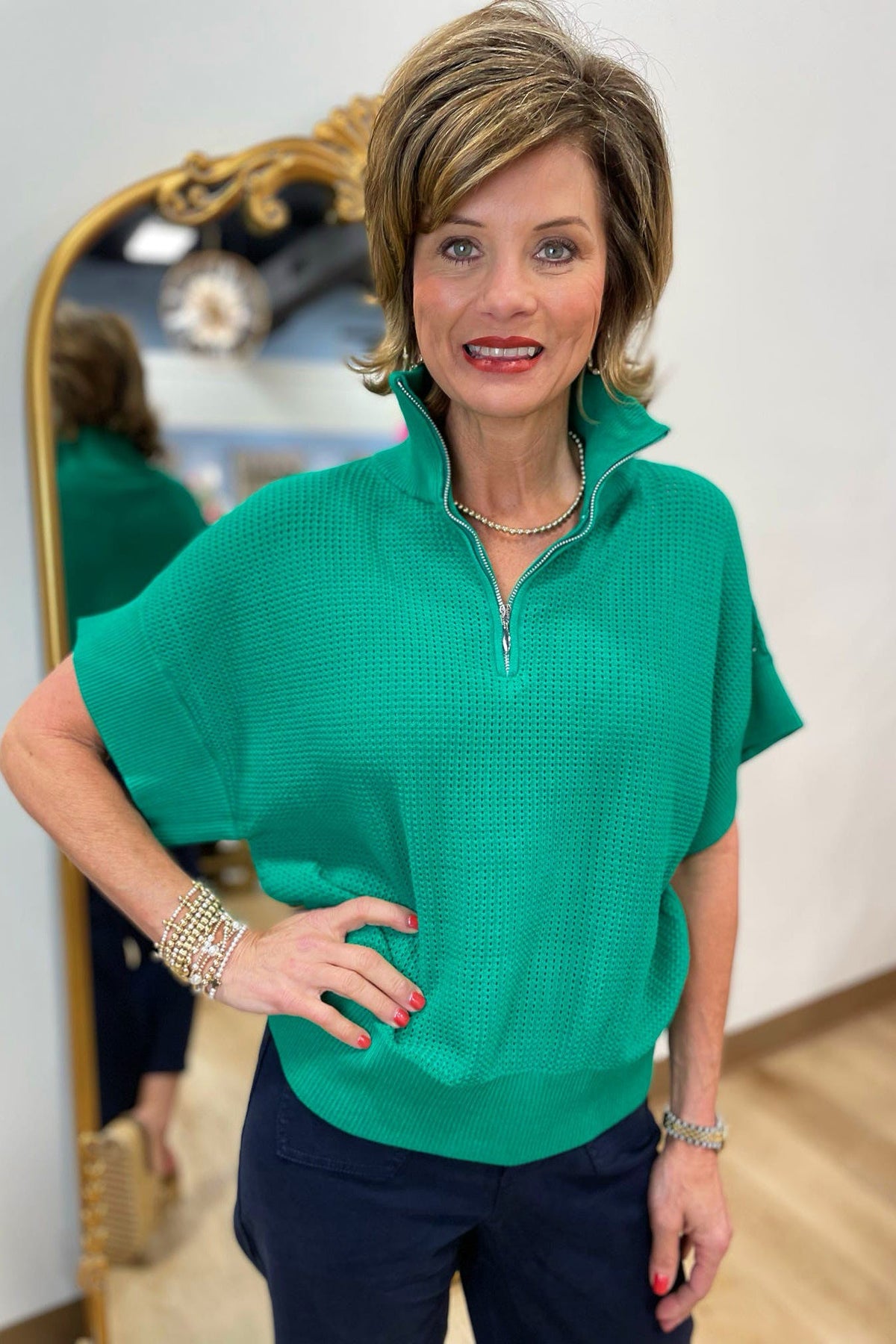 APNY 1/2 Zip Open Knit Sweater Emerald