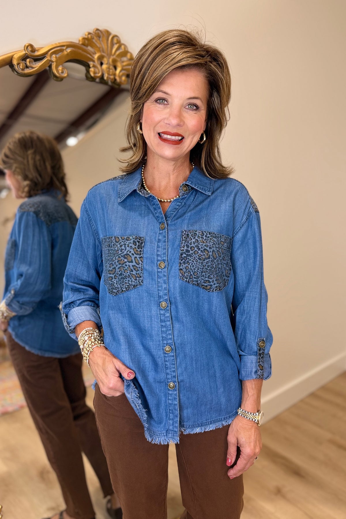 Multiples Denim Cuffed LS Blouse