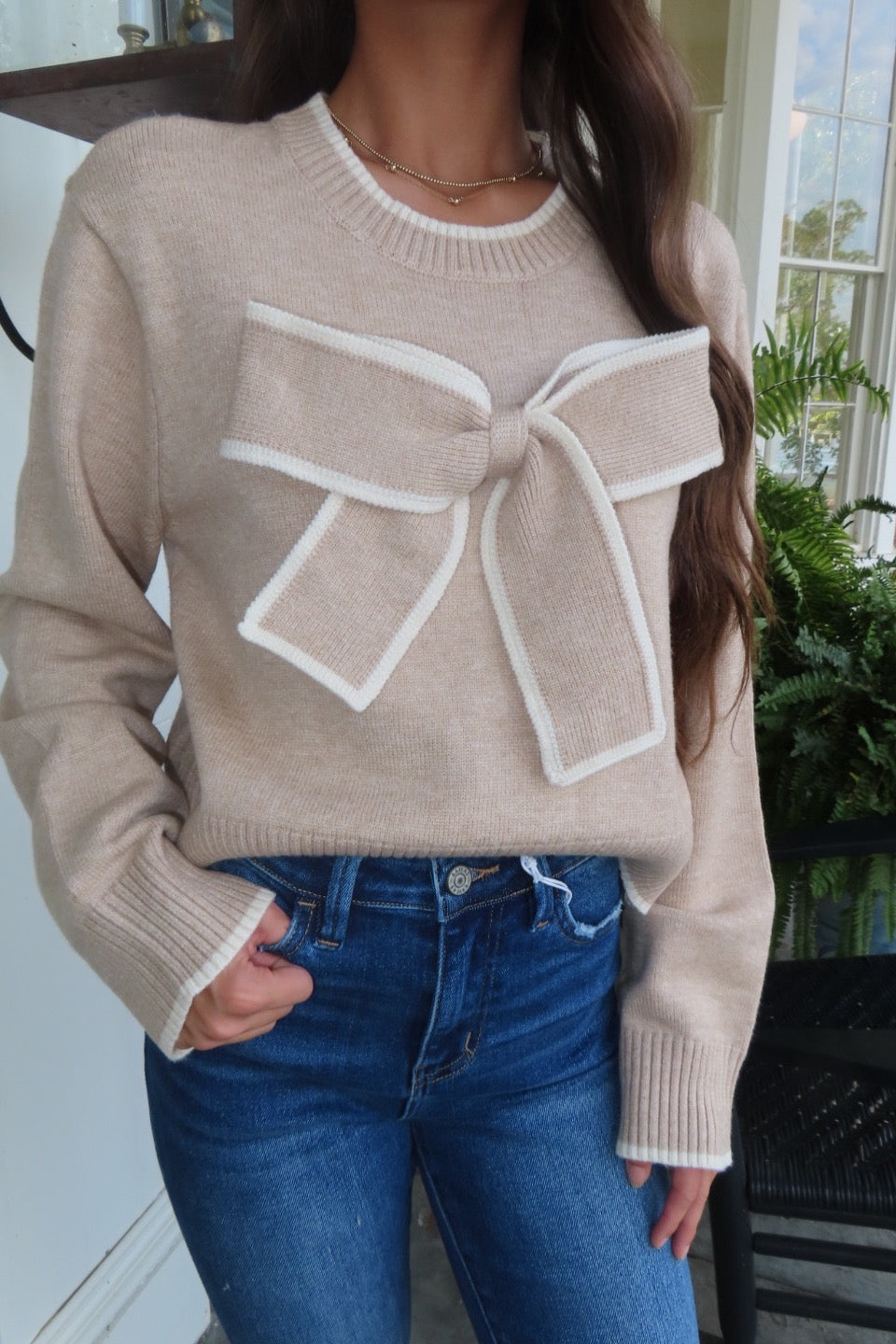 Never Stressed Ribbon Detail Sweater Taupe