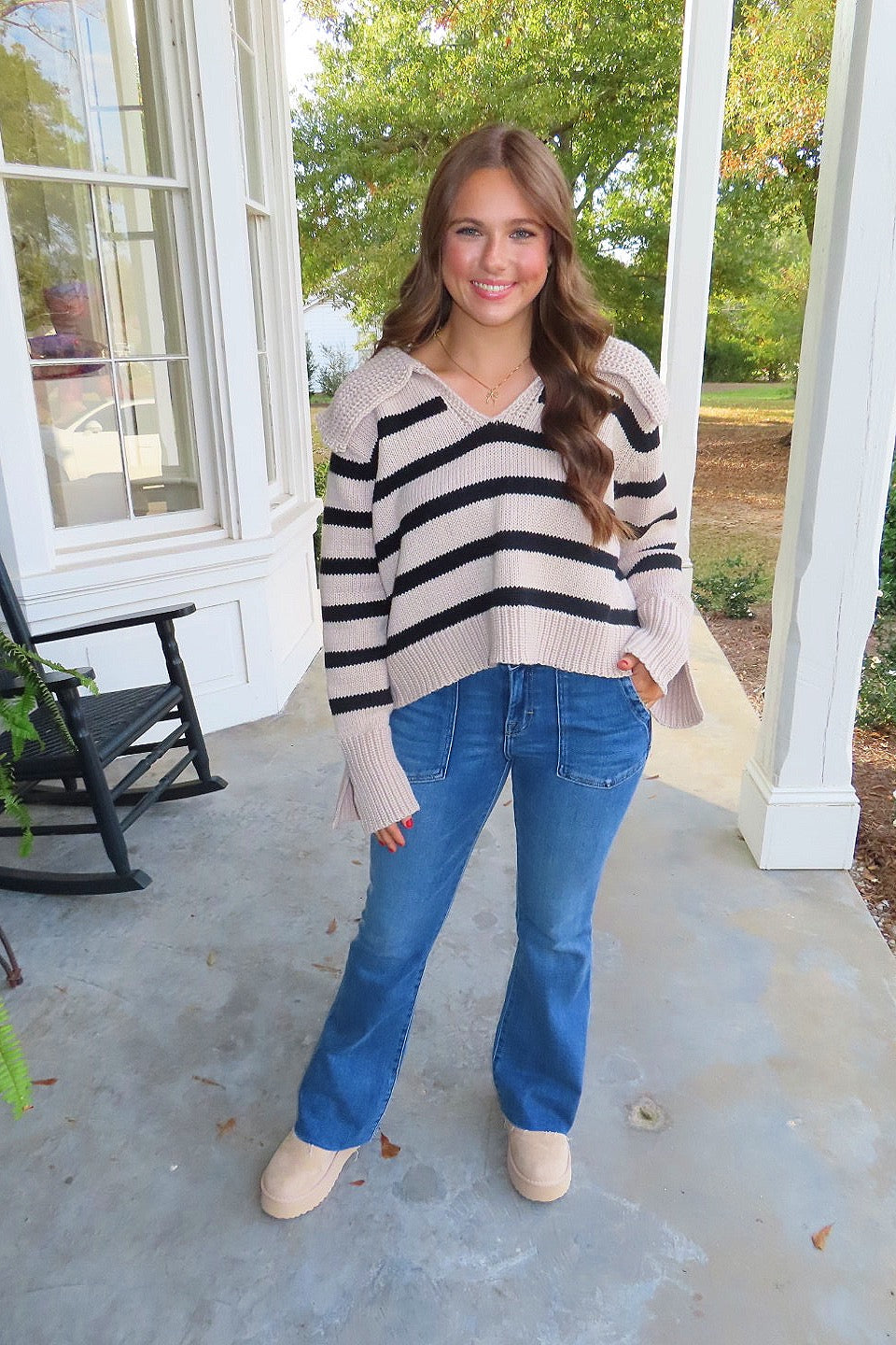 Harvest Hues Striped Collared Sweater Khaki