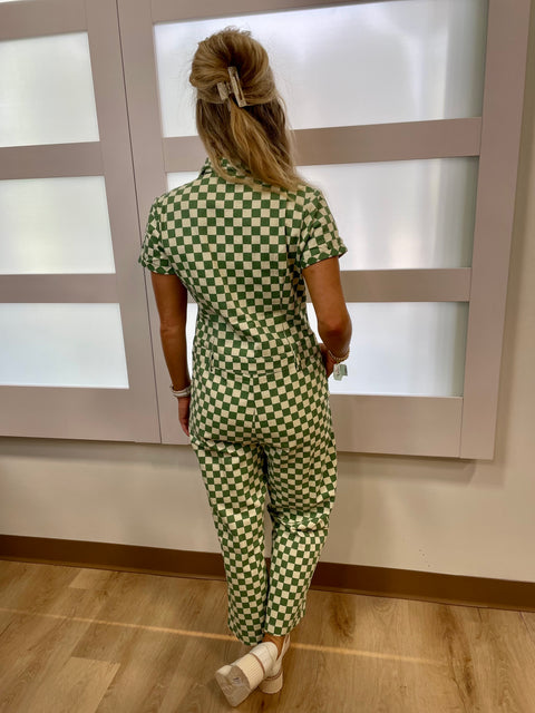 Green Checked Button Front Jumpsuit