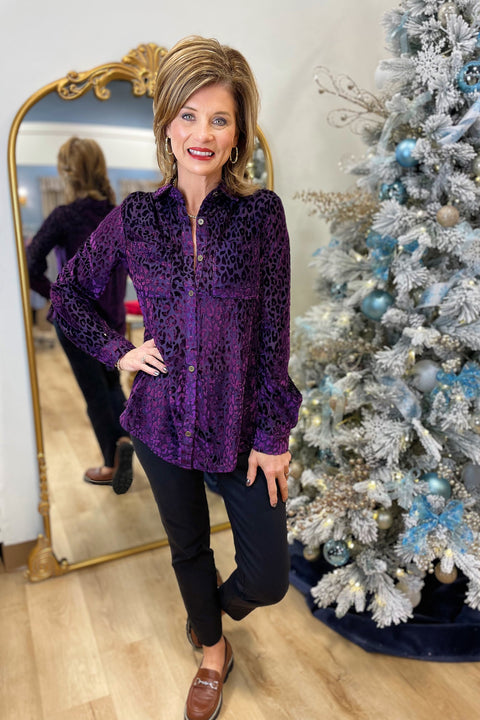 Umgee Leopard Print Velvet Blouse Wine