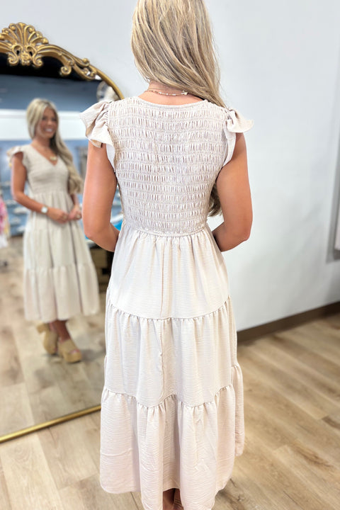 So Sweet Smocked Flutter Sleeve Dress Khaki