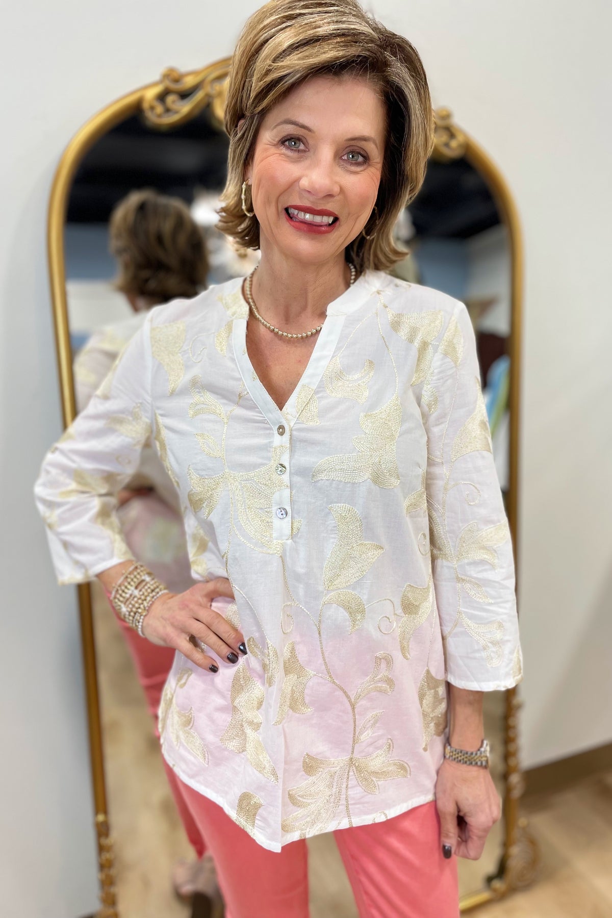Charlie B Embroidered Popover Blouse Gold