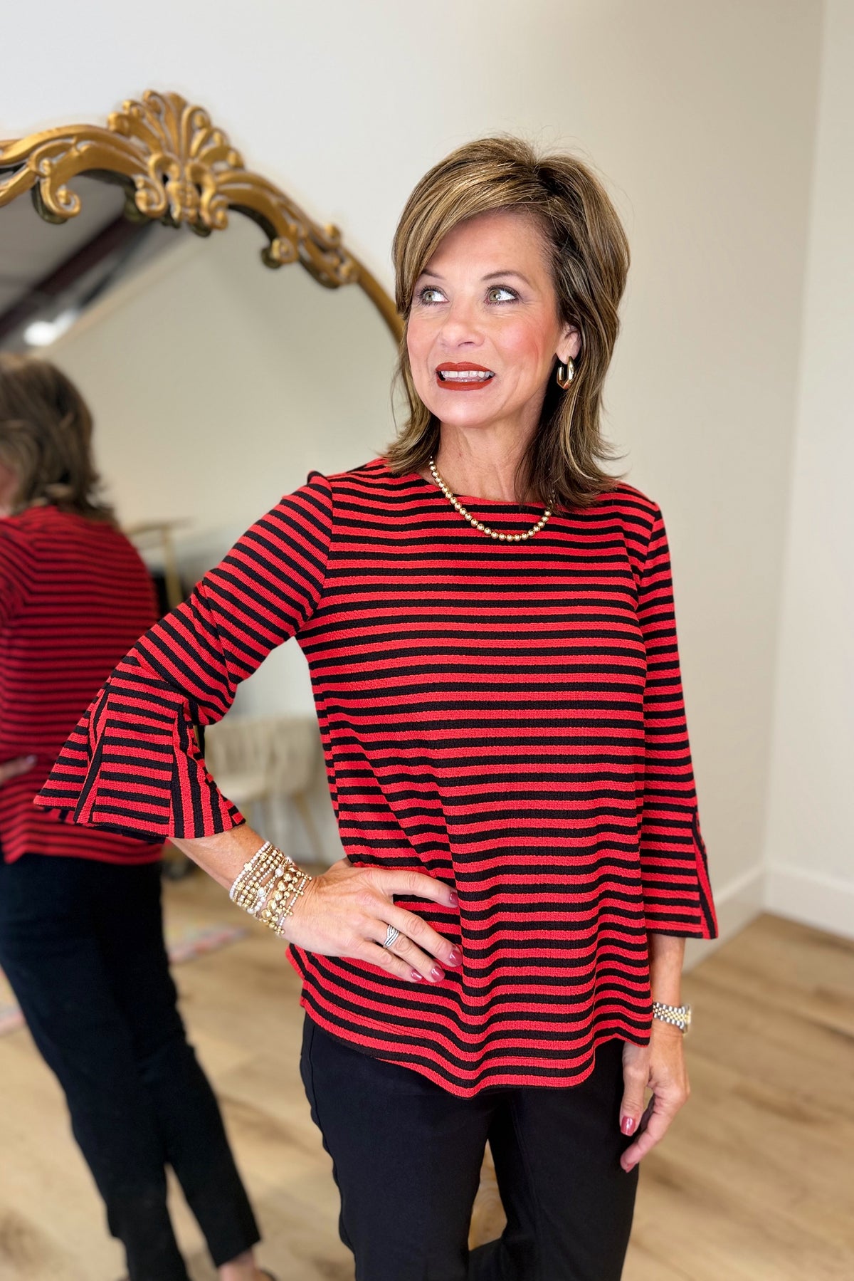 Multiples 3/4 Flounce Sleeve Top Crimson