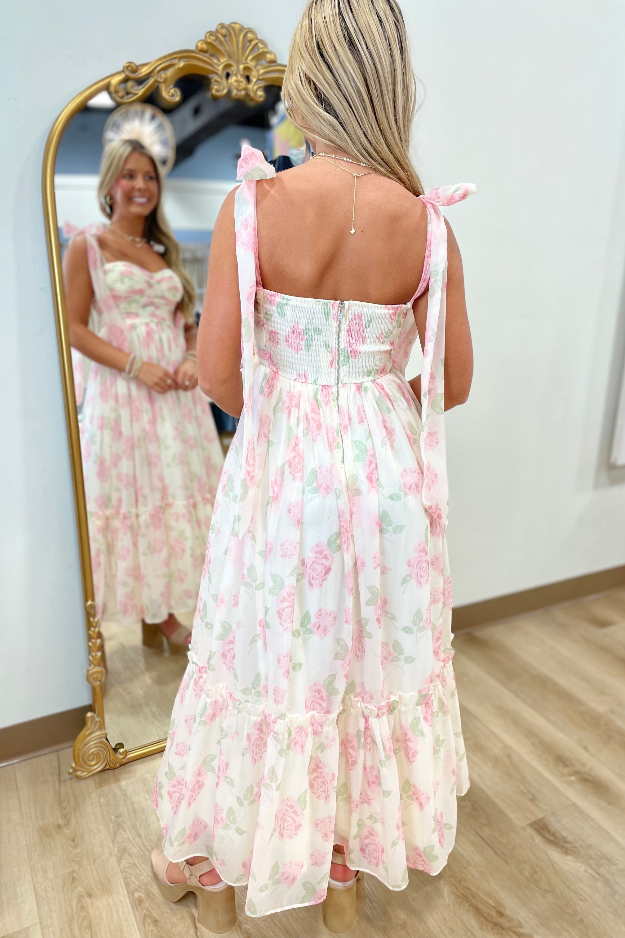 Meadow Mist Floral Shoulder Tie Dress Pink Meadow Mist Floral Shoulder Tie Dress Pink