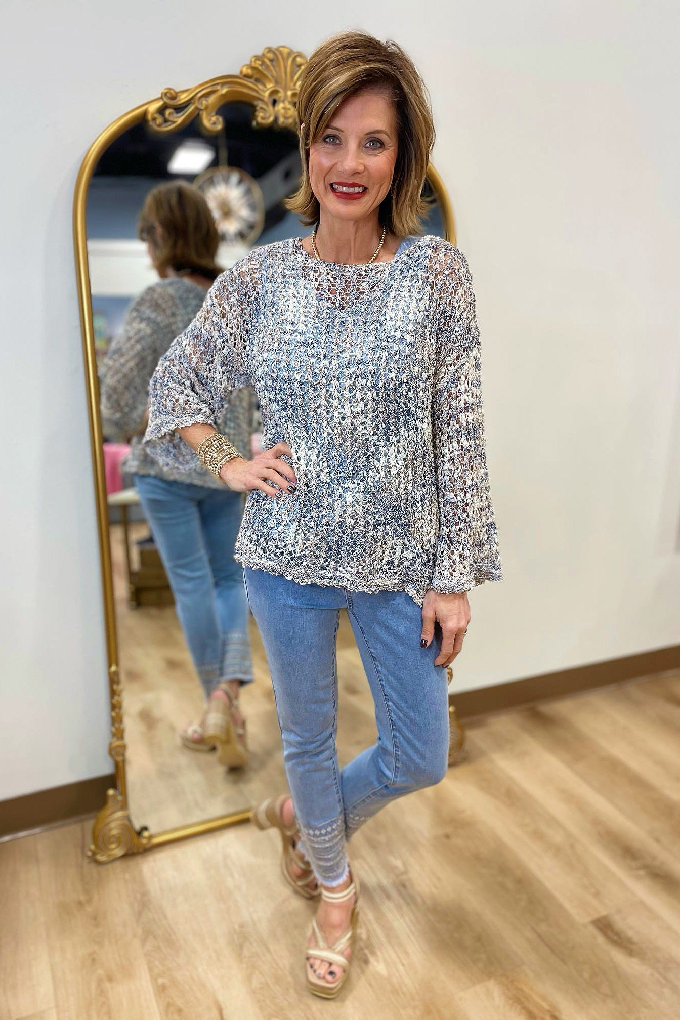Charlie B Fancy Yarn Fishnet Sweater Denim