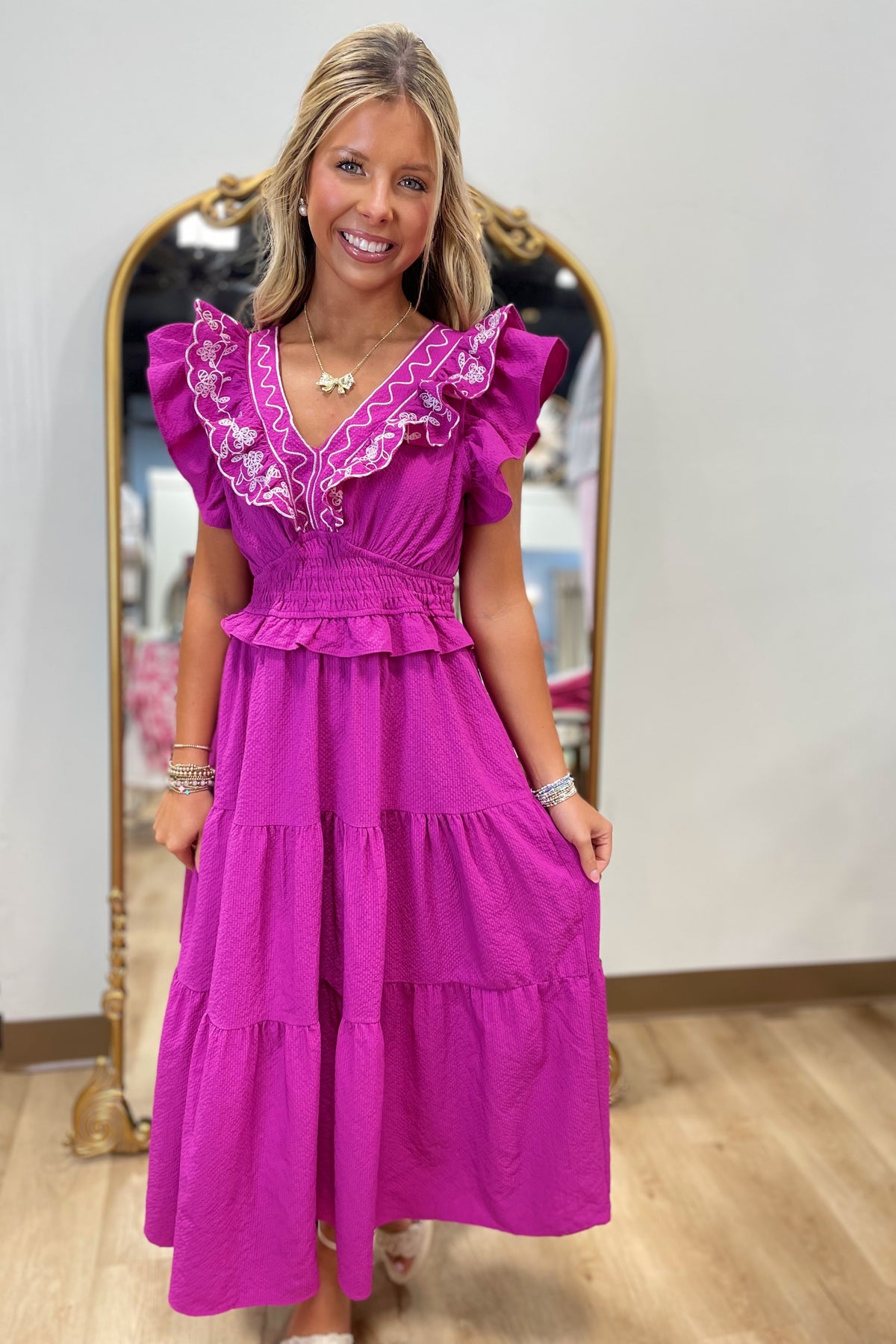 Umgee Stitch Detail Midi Dress Magenta
