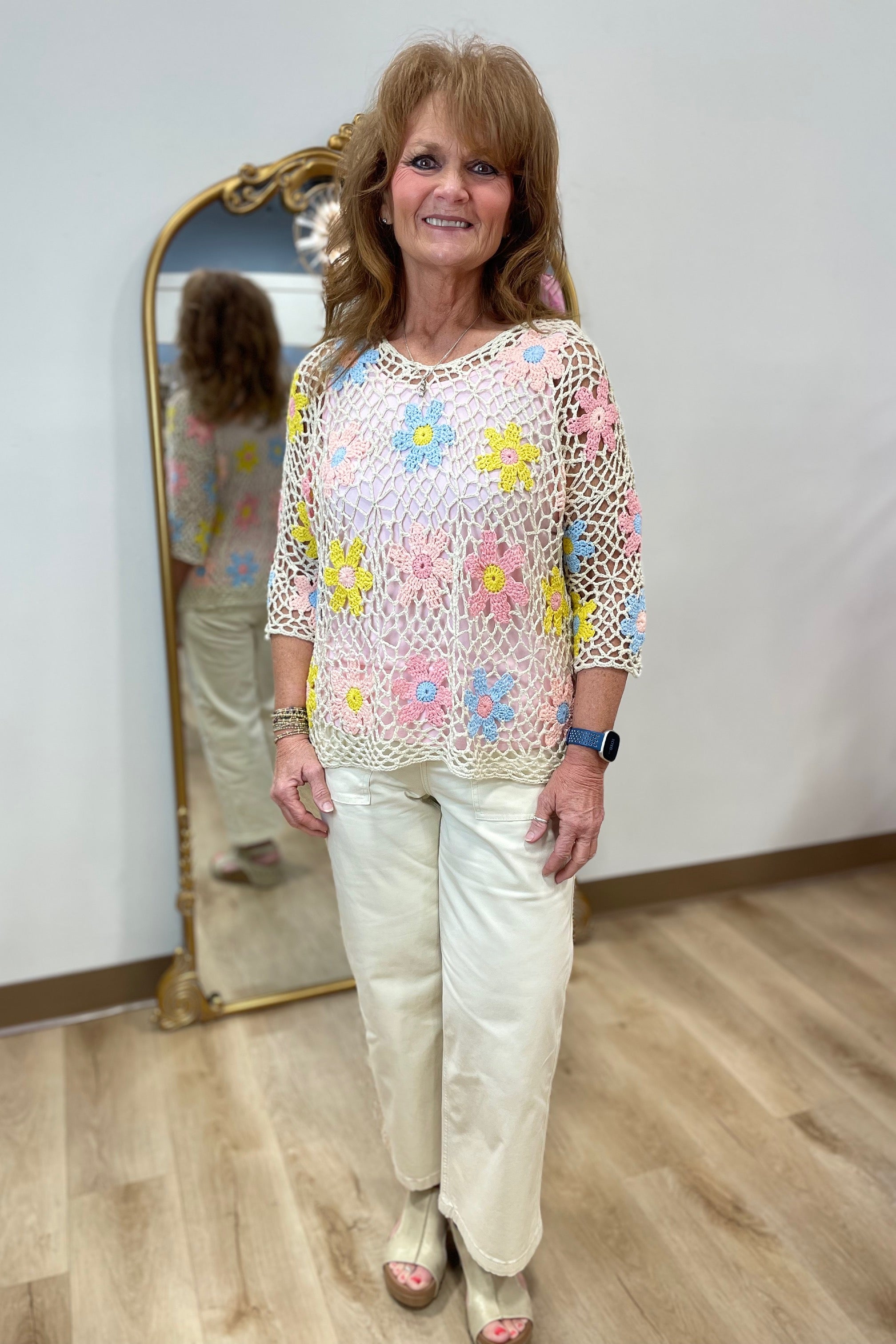 Charlie B Flower Fishnet Top Natural