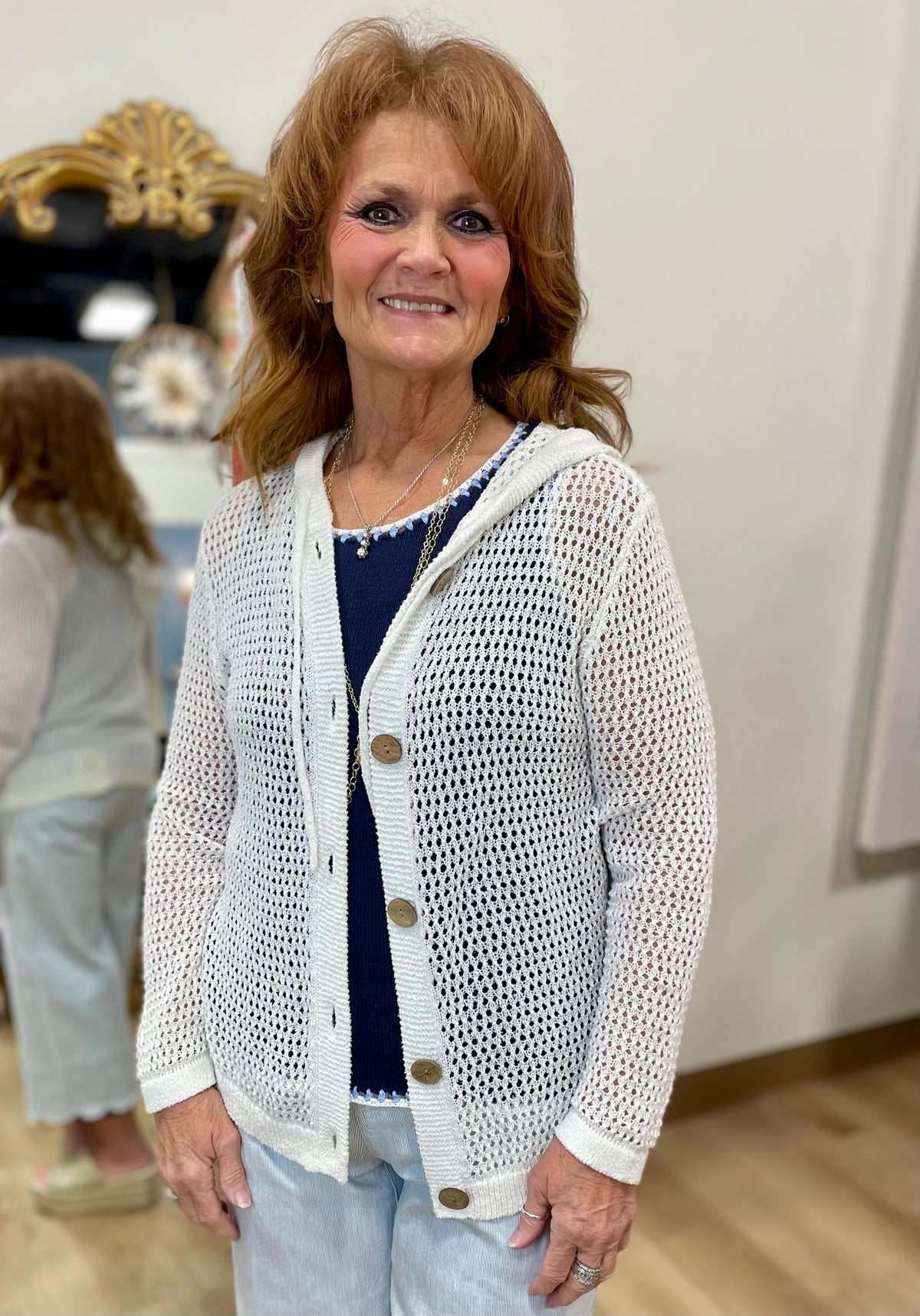 Charlie B Picot Knit Hooded Cardigan w Ties White