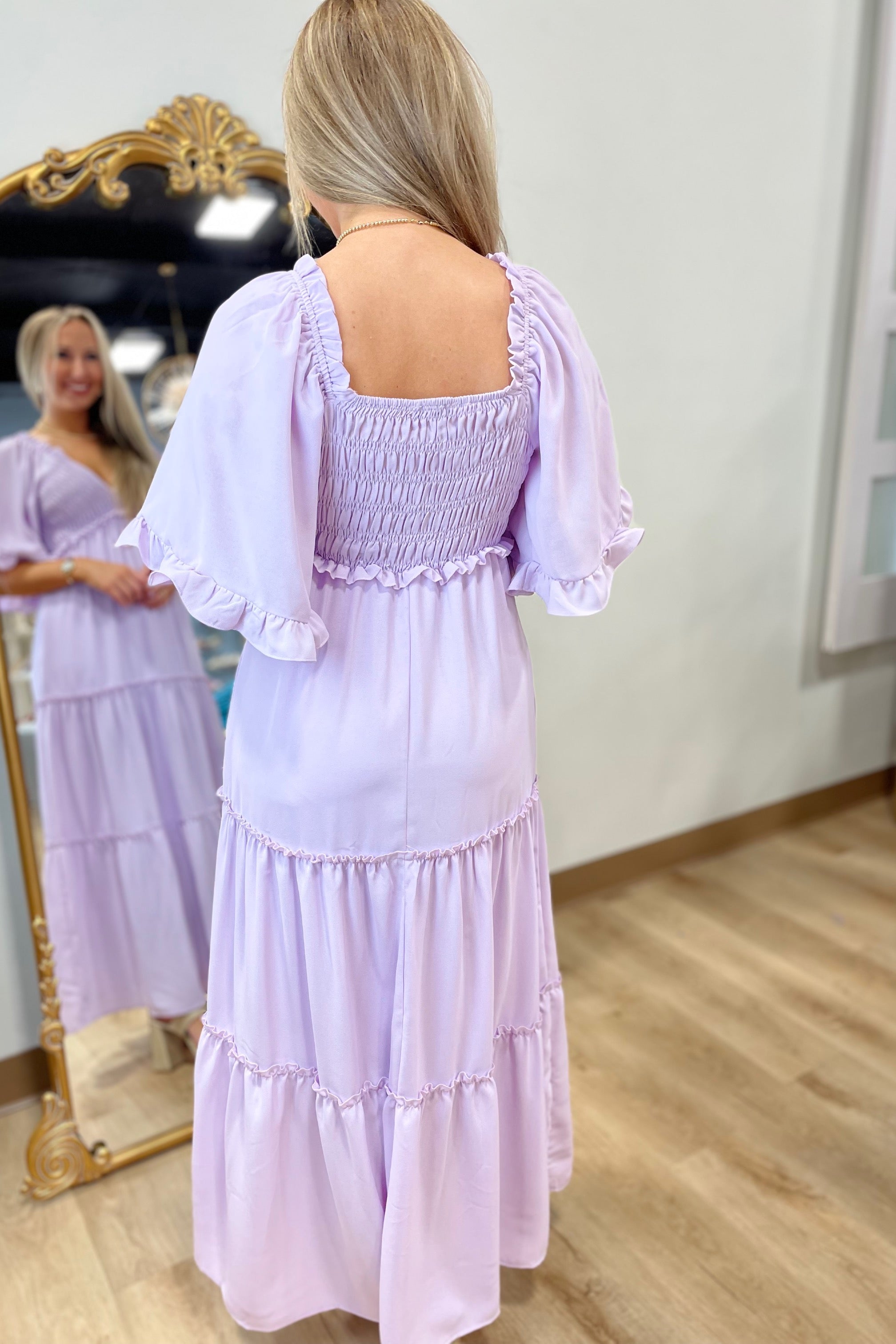 lilac flowy maxi dress Nahanee Lilac Satin Ruffle Maxi Dress