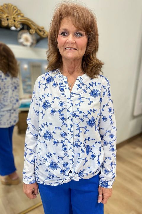 Multiples Tie Front Top Blue Floral