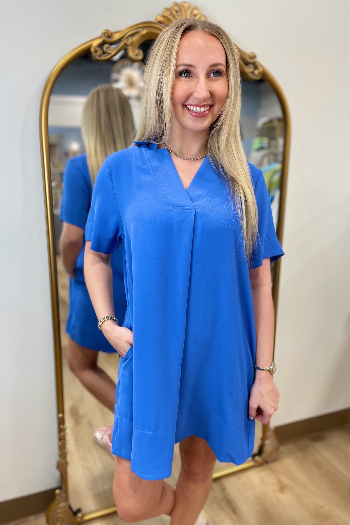 Golden Hour Collard Split Neck Dress Blue