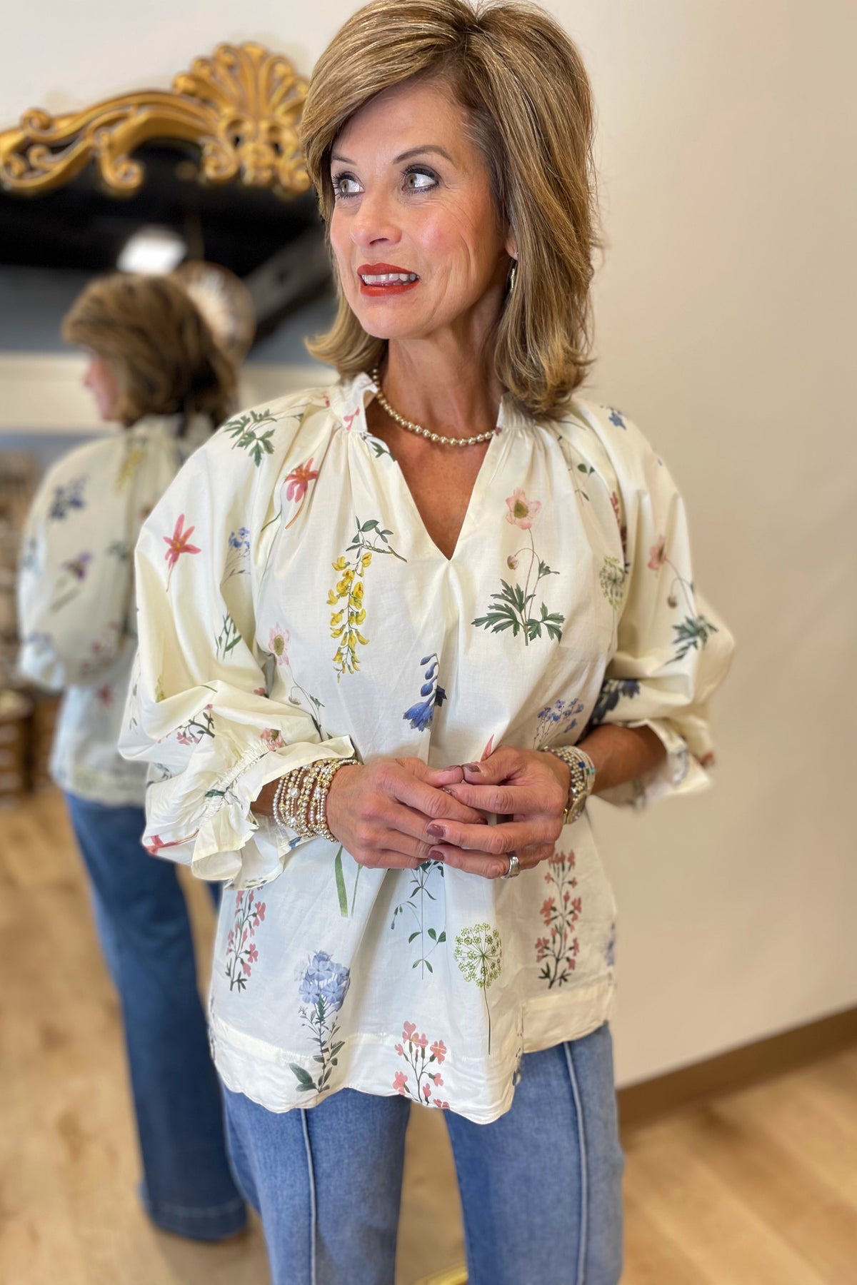 Umgee Mixed Floral Blouse Cream