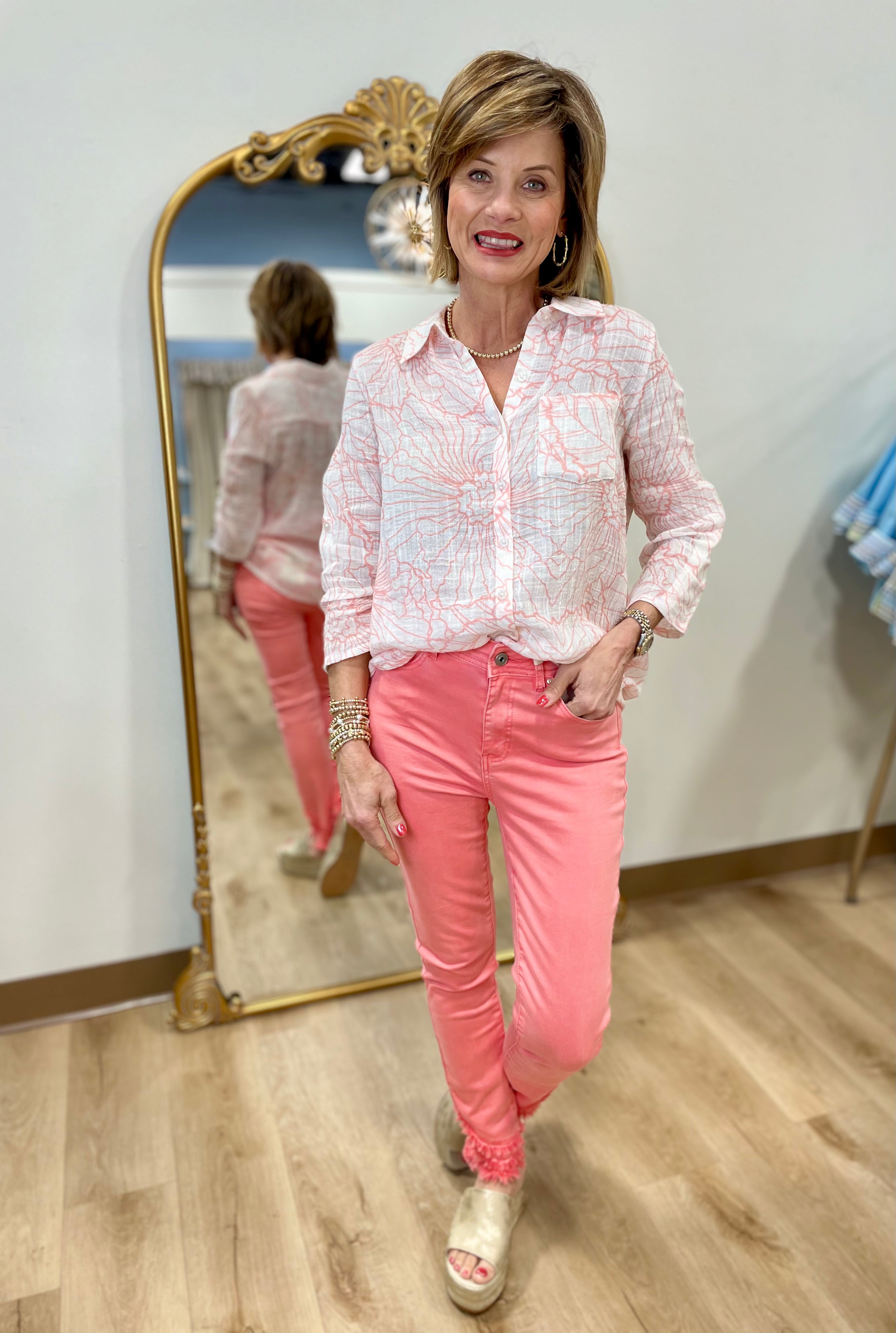 Charlie B Print Roll Up Sleeve Top Guava