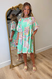 Umgee Pleated Round Neck Bubble Sleeve Dress Sage