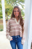 Cold Brew Two Toned Striped Notched Collar Sweater Mocha