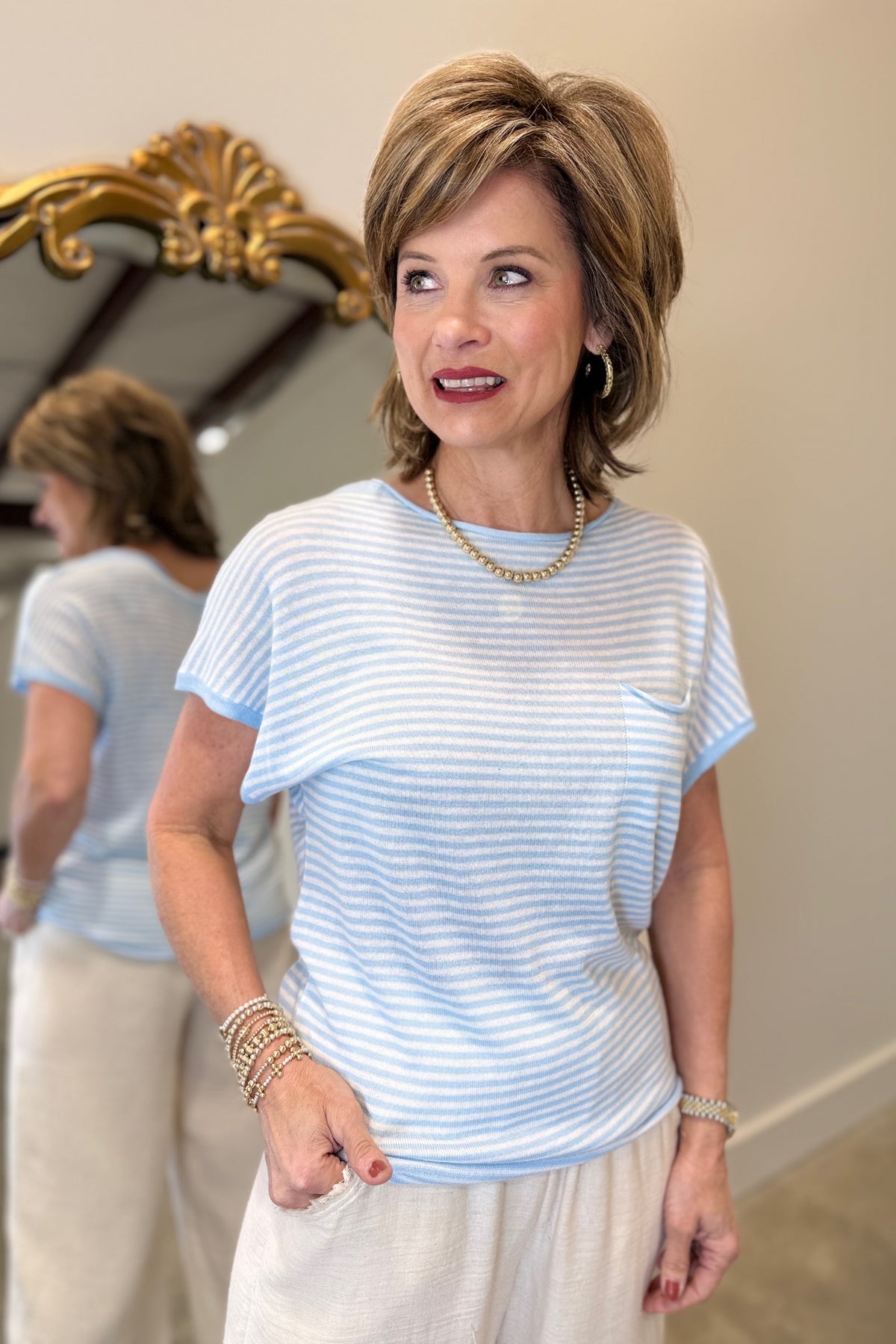 Renuar Sleeveless Knit Sweater Blue/White