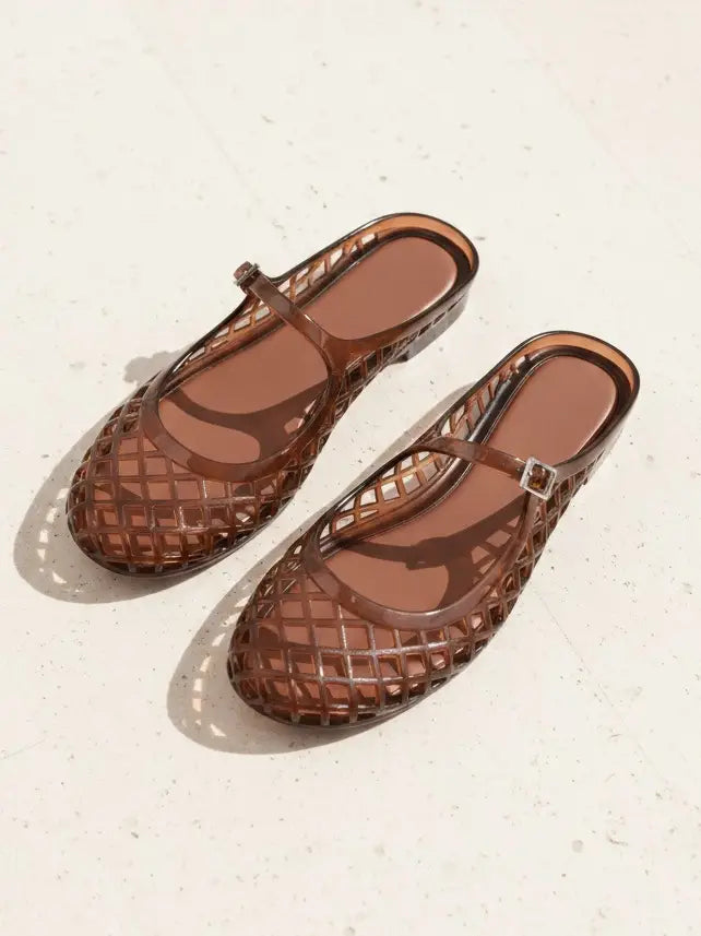 Nemo Jelly Mary Jane Flats Woven Lattice Mesh Shoes Brown