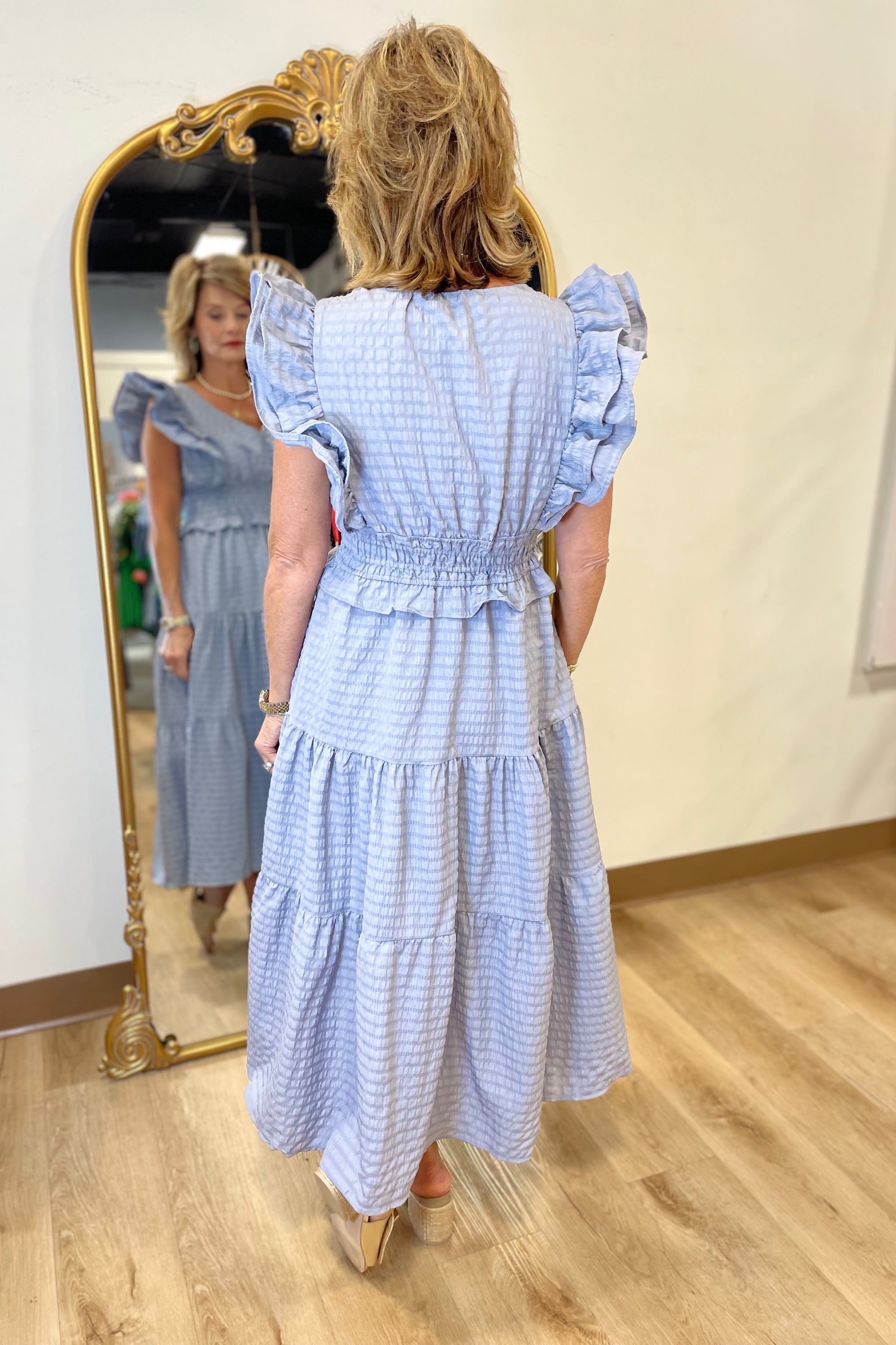 Umgee V Neck Ruffle Midi Dress Blue Grey Expectations Too Umgee V Neck Ruffle Midi Dress Blue Grey Expectations Too