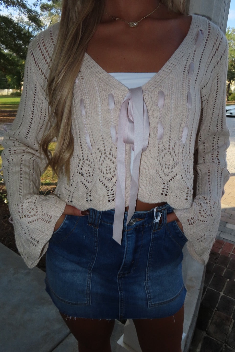 Love Leftovers Lace Ribbon Cardigan Cream