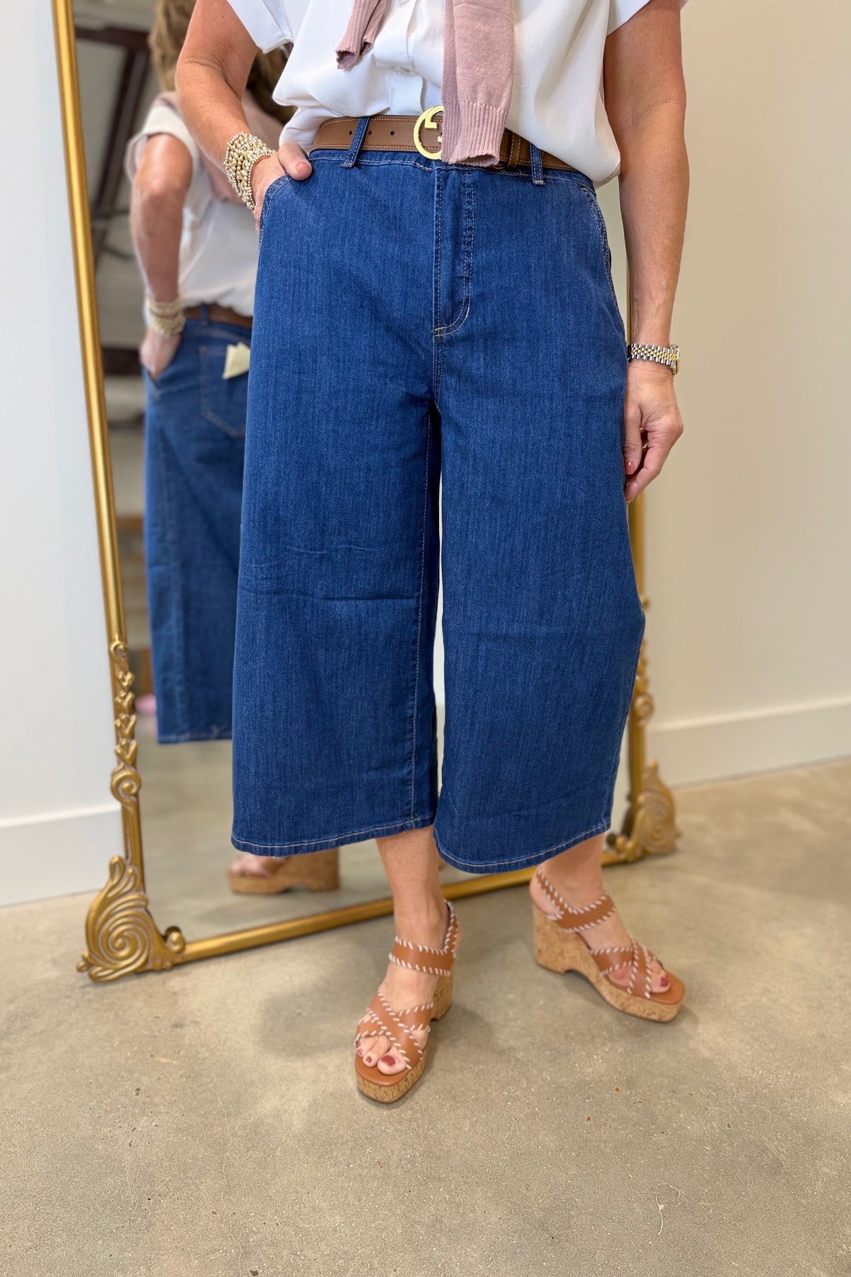 Charlie B Cropped Denim Palazzo Pants Indigo