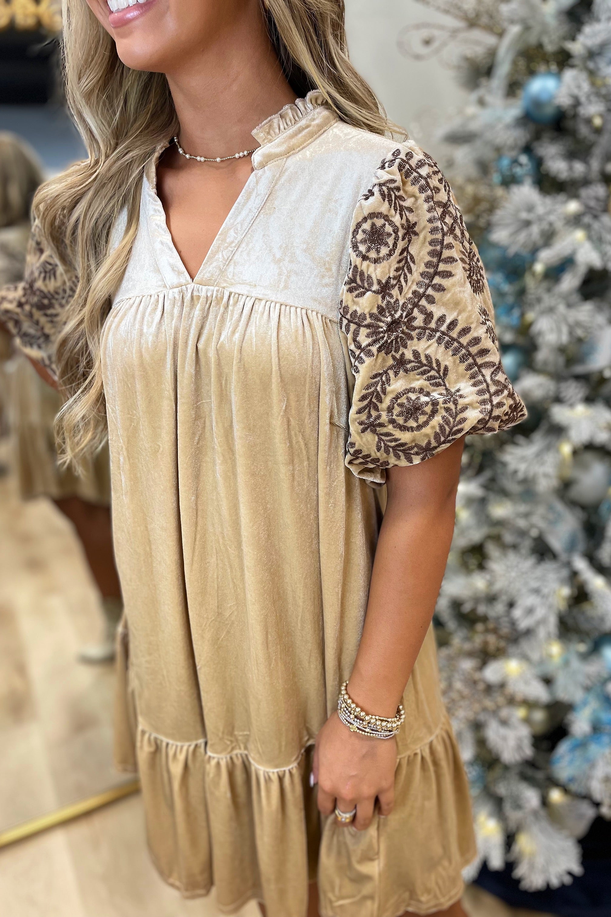 Umgee Embroidered Sleeve Velvet Dress Taupe