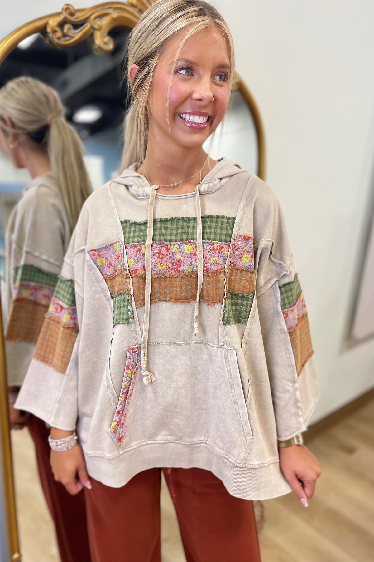 Plaza Taupe 3/4 Sleeve Print Mix Hoodie