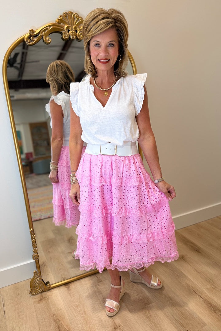 Joh Lizzie Eyelet Lace Skirt Bubblegum – Expectations Too