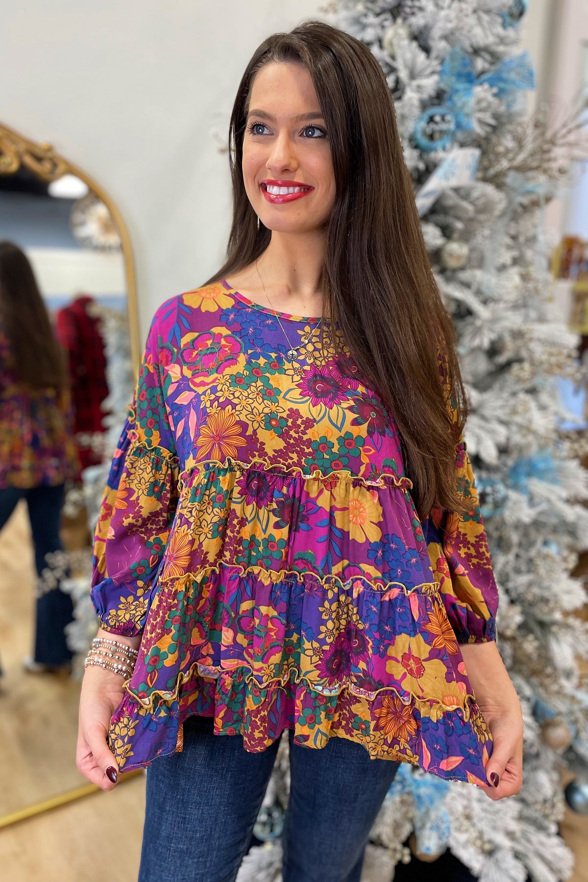 Daily Delight PrintedTiered Top Plum
