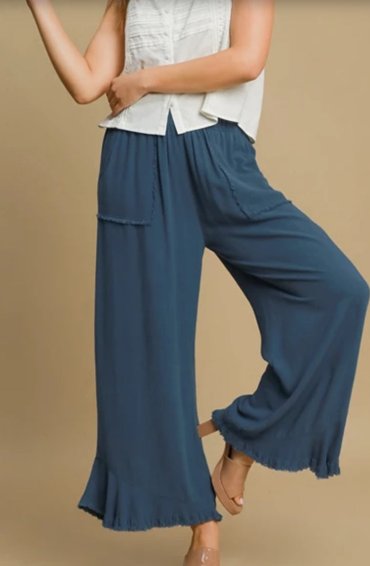Umgee Linen Pant w Patch Front Pockets Slate Blue