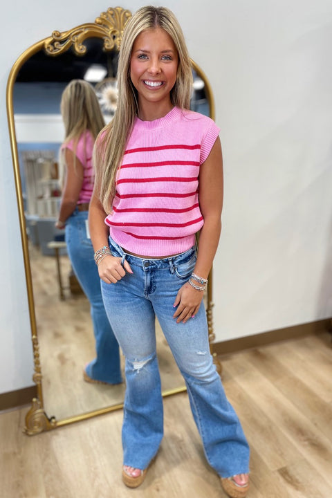 Hugs & Kisses Striped Sweater Hot Pink