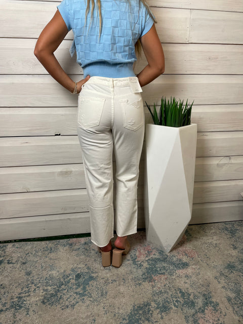 Stupendous High Rise Crop Straight Jeans Off White