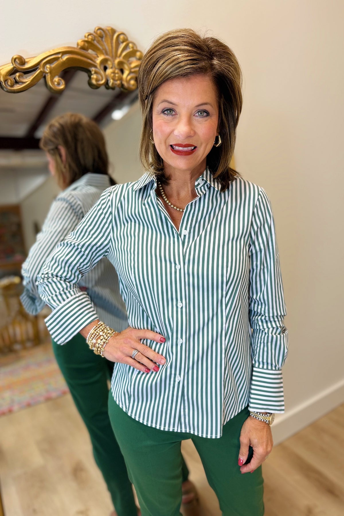 Renuar Long Sleeve Stripe Blouse Olive
