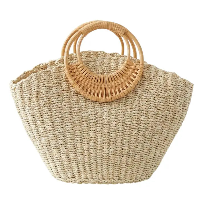 Structured Round Handle Raffia Woven Tote
