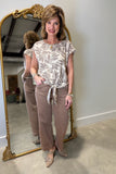 Charlie B Printed Linen Front Tie Blouse Dune